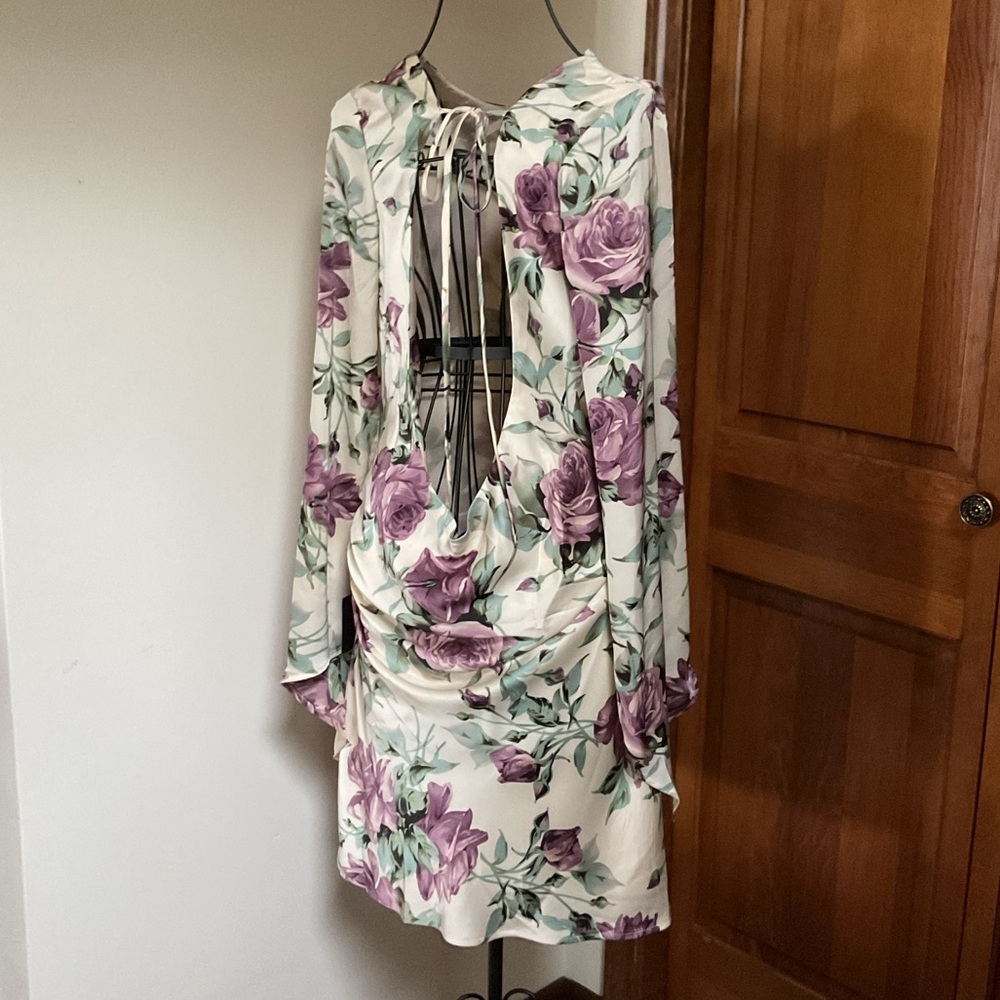 Lulus Sweet RSVP Cream Floral Satin Backless Long Sleeve Mini Dress, Medium - Picture 4 of 10